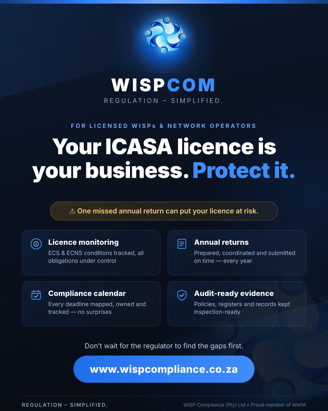 WISPCOM poster - Your ICASA licence is your business. Protect it.