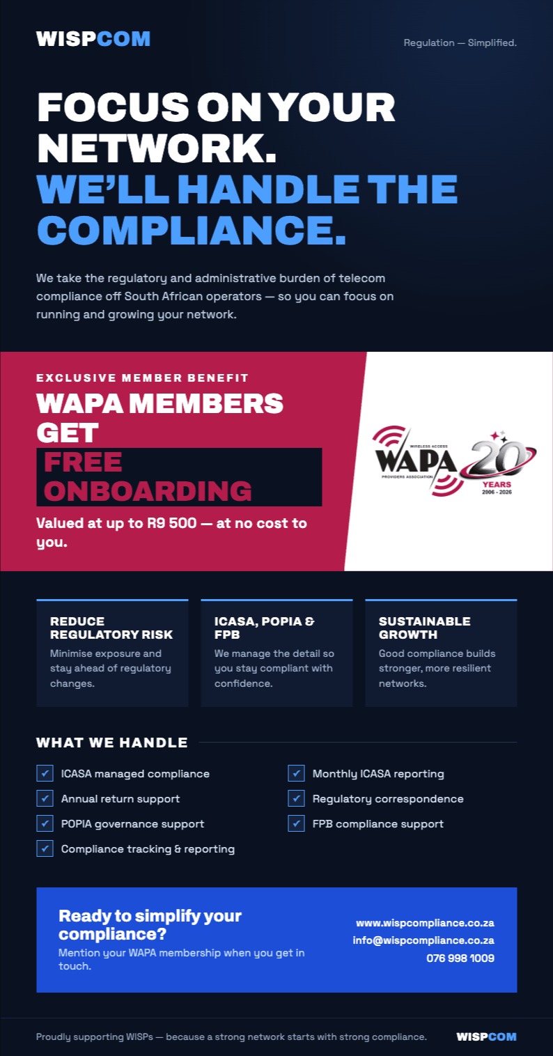 WISPCOM flyer - WAPA members get free onboarding